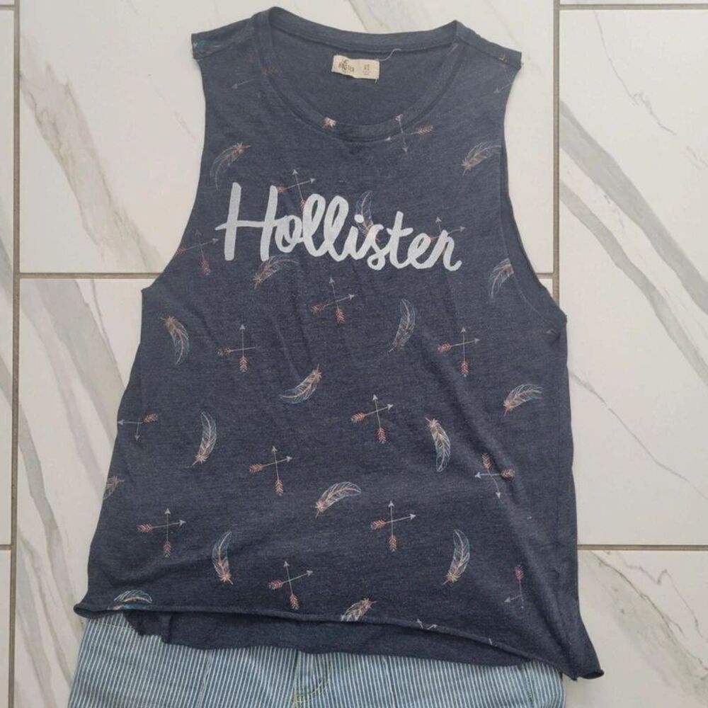 Hollister Graphic Tank Top XS Gray Feather Arrow Logo Festival Boho Y2K
